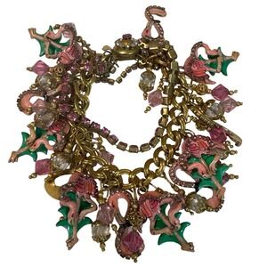 Lunch At The Fritz Flamingo Charm Bracelet Pink Green Gold Tone Rhinestone
